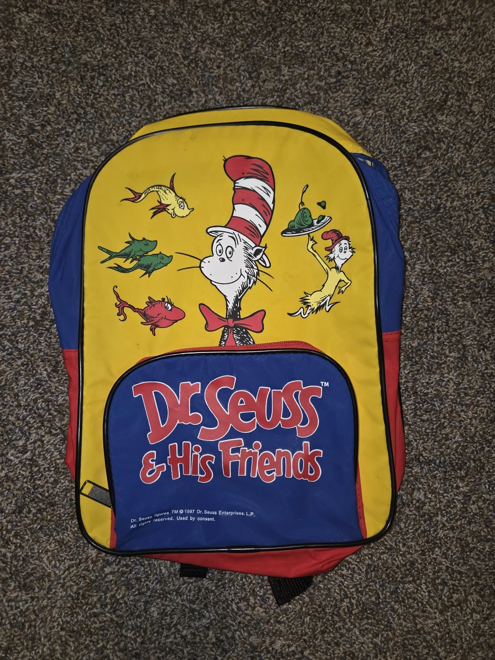 1997 Dr. Seuss Yellow & Blue 'Dr. Seuss & His Friends' Backpack